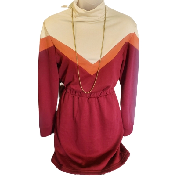 Bershka Colorblock Retro Pullover Sweatshirt Dress in XS Marroon, Cream & Orange - Picture 2 of 6
